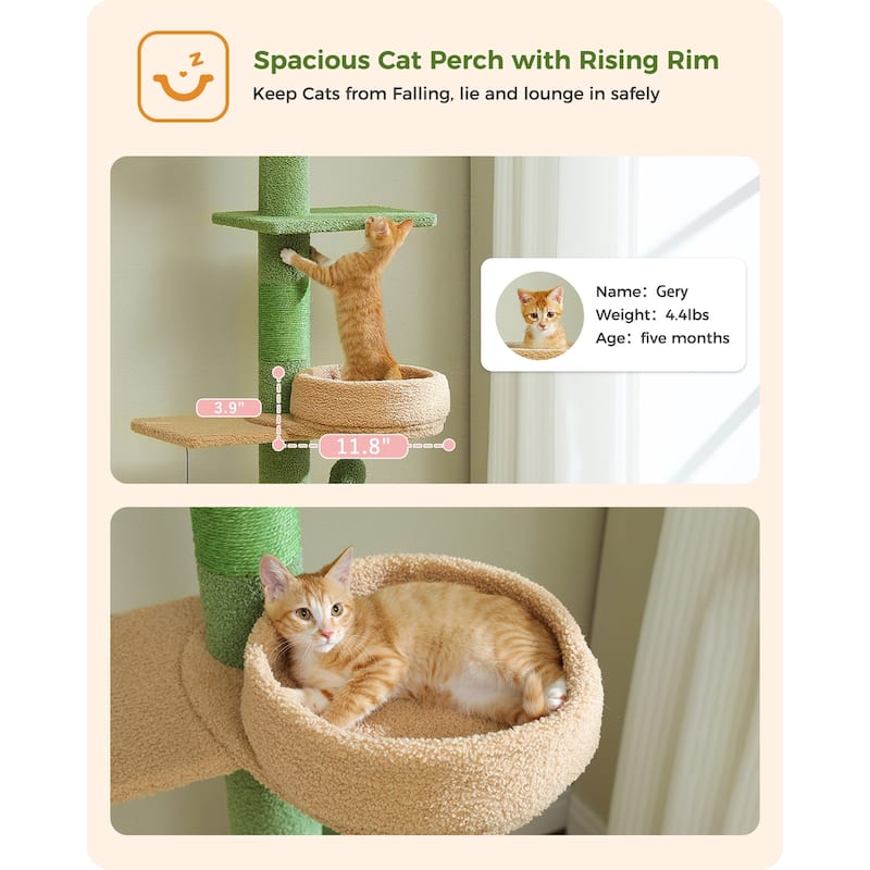 Floor to Ceiling Adjustable Height Cat Tree, 5 Levels Cactus Cat Tower with Cat Perch & Replaceable Hammock