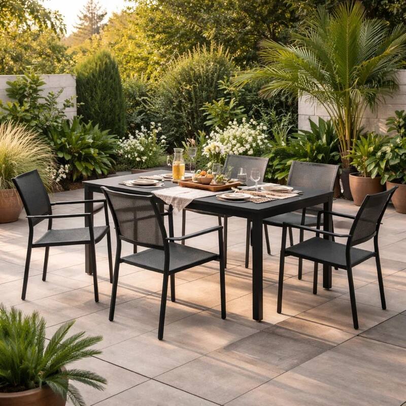 Fifi 7 Piece Dining Table Set, Black Metal Frames, Smooth Textilene Fabric