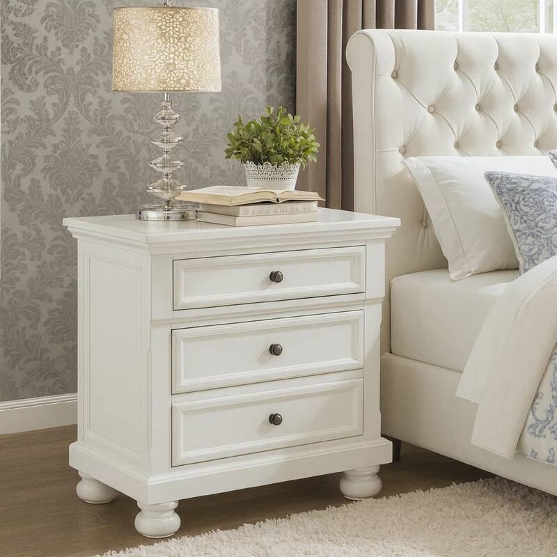 Transitional Style Two Drawer Wooden Night Stand with Round Bun Legs, White