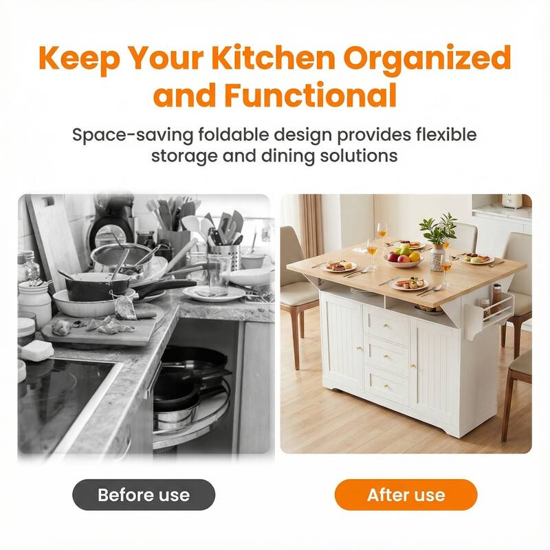 Rossetta Classic Versatile Design Folding Rolling Kitchen Island with Extendable Countertop and Power Outlet