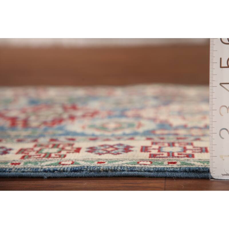 Blue Geometric Kazak Runner Rug Handmade Oriental Wool Carpet - 2'8" x 12'7"