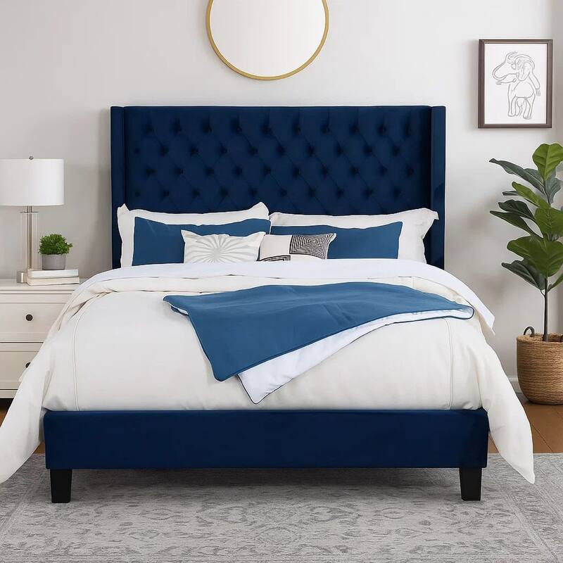 Hiu Queen Size Bed, Wingback Headboard, Navy Blue Velvet Like Upholstery