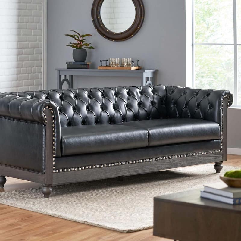 Loveseat Sofa for Living Room, Wood Frame Sofa Couch Faux Leather Upholstered Couches with Rolled Arm, Rivet Accents