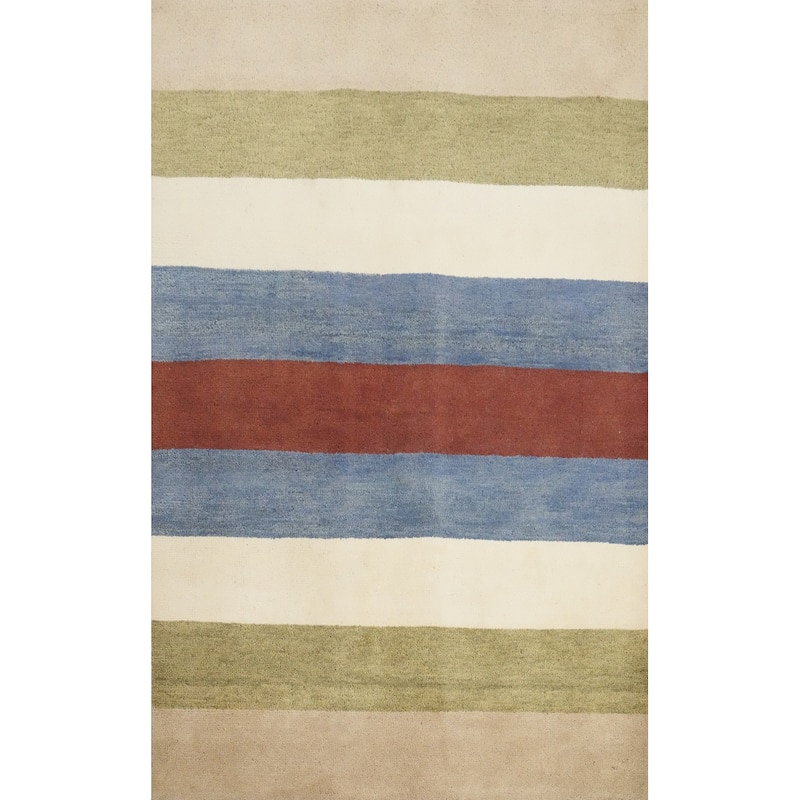 Hand Knotted Oriental 100% Wool Carpet Modern Stripe Multi-Colored Gabbeh Area Rug - 6' 3'' X 4' 7''