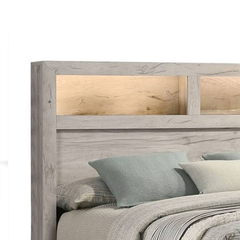 Miot Queen Size Bed w Headboard Shelves, Weathered White Wash Tone