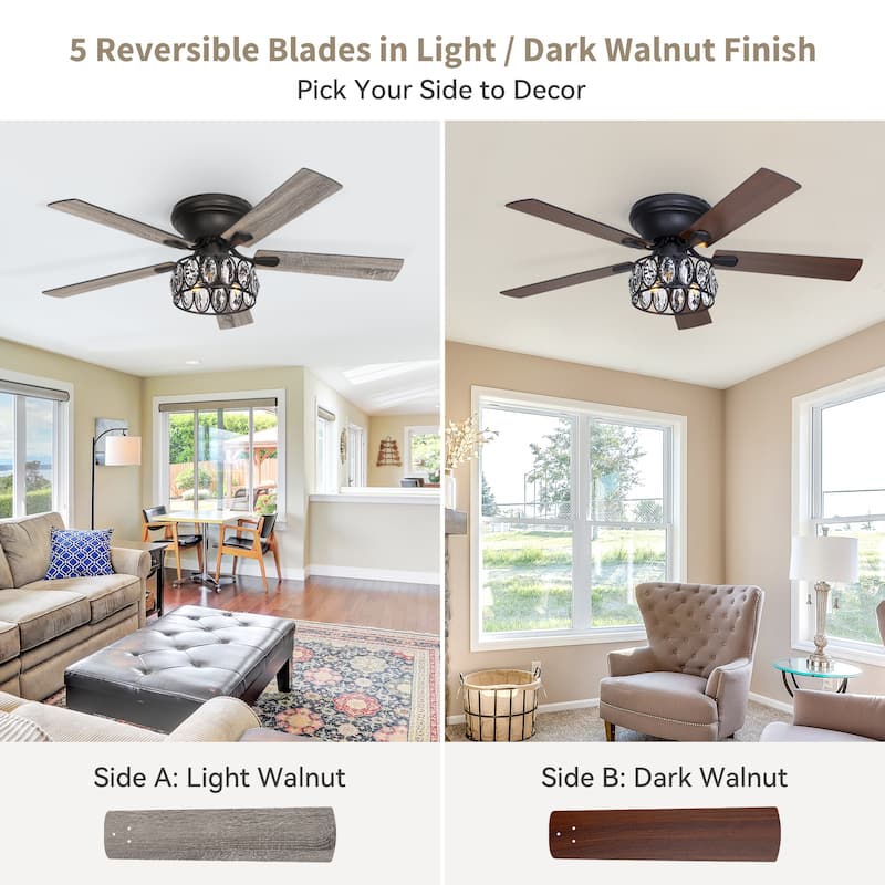 52" Flush Mount 5-Blade Modern Crystal Indoor Ceiling Fan with Light Kit and Remote