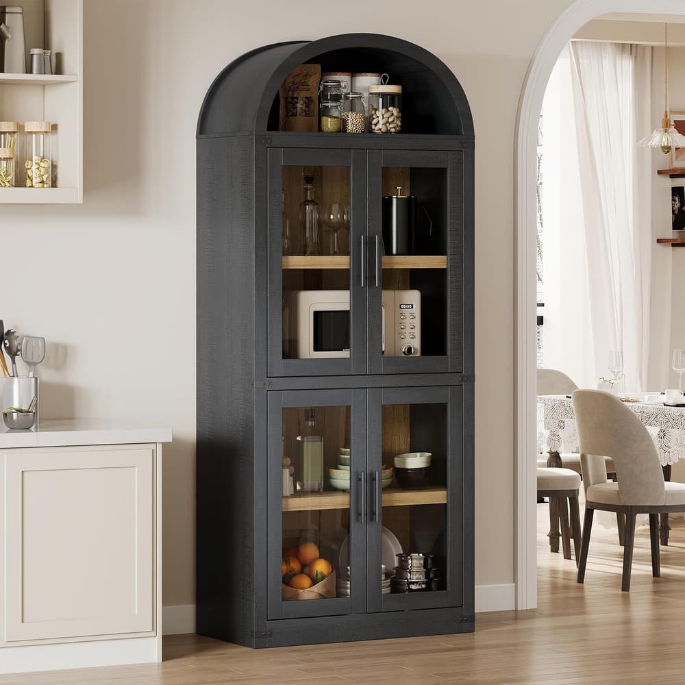 71.6" 5-Tier Arched Display Cabinet with Wooden Doors, Bookshelf - N/A
