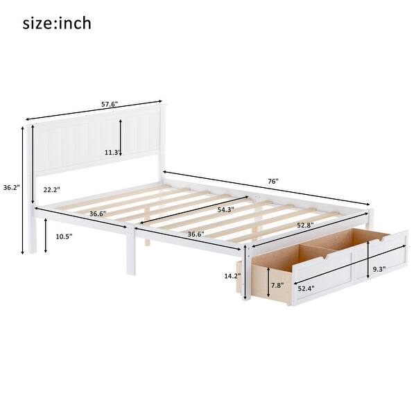 Full Size Platform Bed with Under-bed Drawers for Extra Storage, Solid Pine Wood and MDF, White