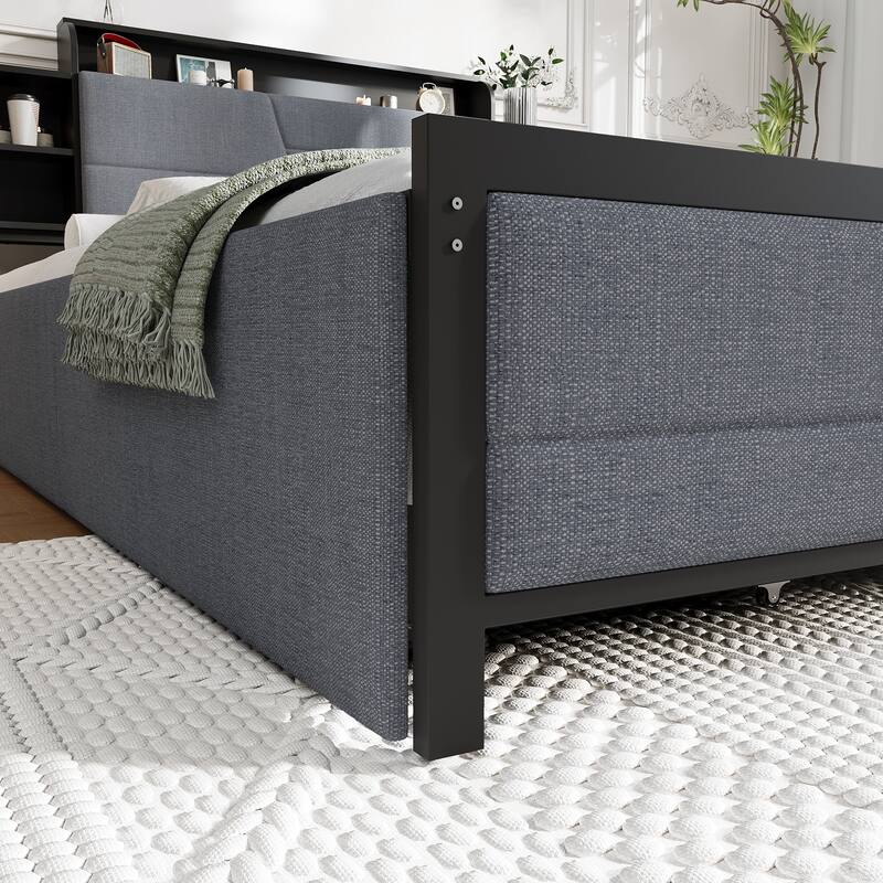 French Queen Size Bed Frame Platform with Brown/Black Storage Headboard & 4 Storage Drawers