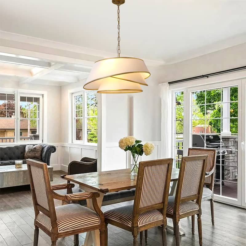 Cusp Barn 24 Inch 4-Light Drum Chandelier, Fabric Linen Shade Ceiling Light Fixture, Gold Tri-layer Kitchen Island Pendant Light