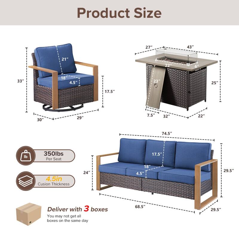 Meyreso Wicker Outdoor Patio Fire Pit Set with Swivel Gliders & 4.5" Olefin Cushions