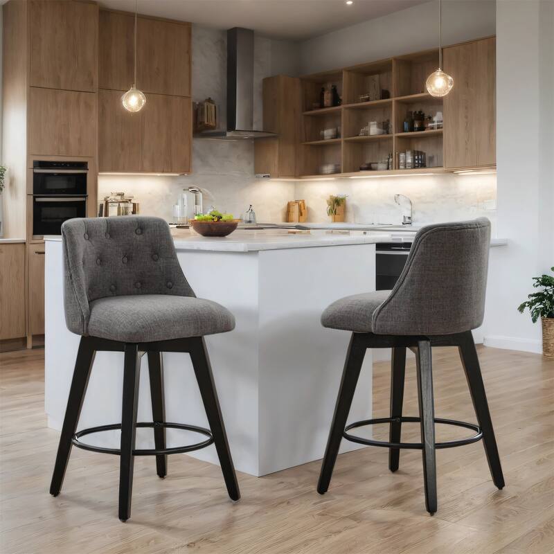 Modern Linen Swivel Bar Stools with Tufted Back,Wood Frame (Set of 2)
