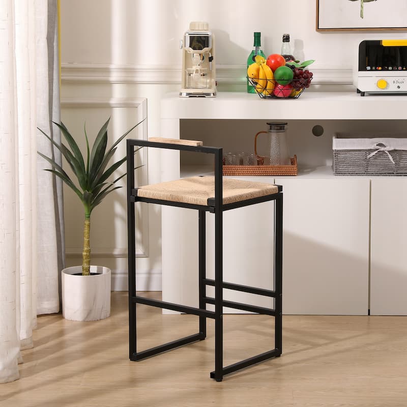 2pcs Bar Stools with Back Paper Rope Woven Counter Height Dining Chairs - N/A - Black