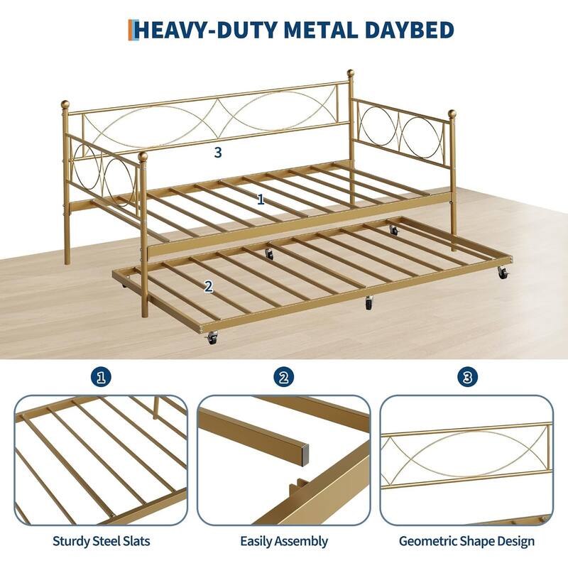 Metal Daybed with Trundle Set, Space-Saving Sofa Bed Frame with Steel Support for Bedroom or Living Room