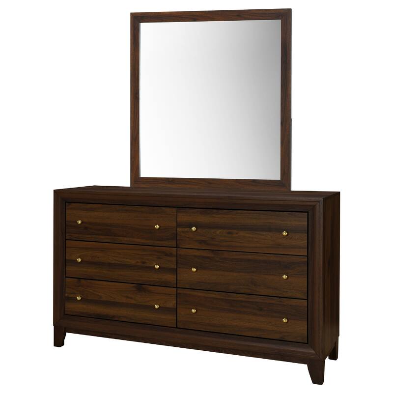 Yels Wide Dresser with Matching Mirror, 6 Drawers, Walnut Brown Wood