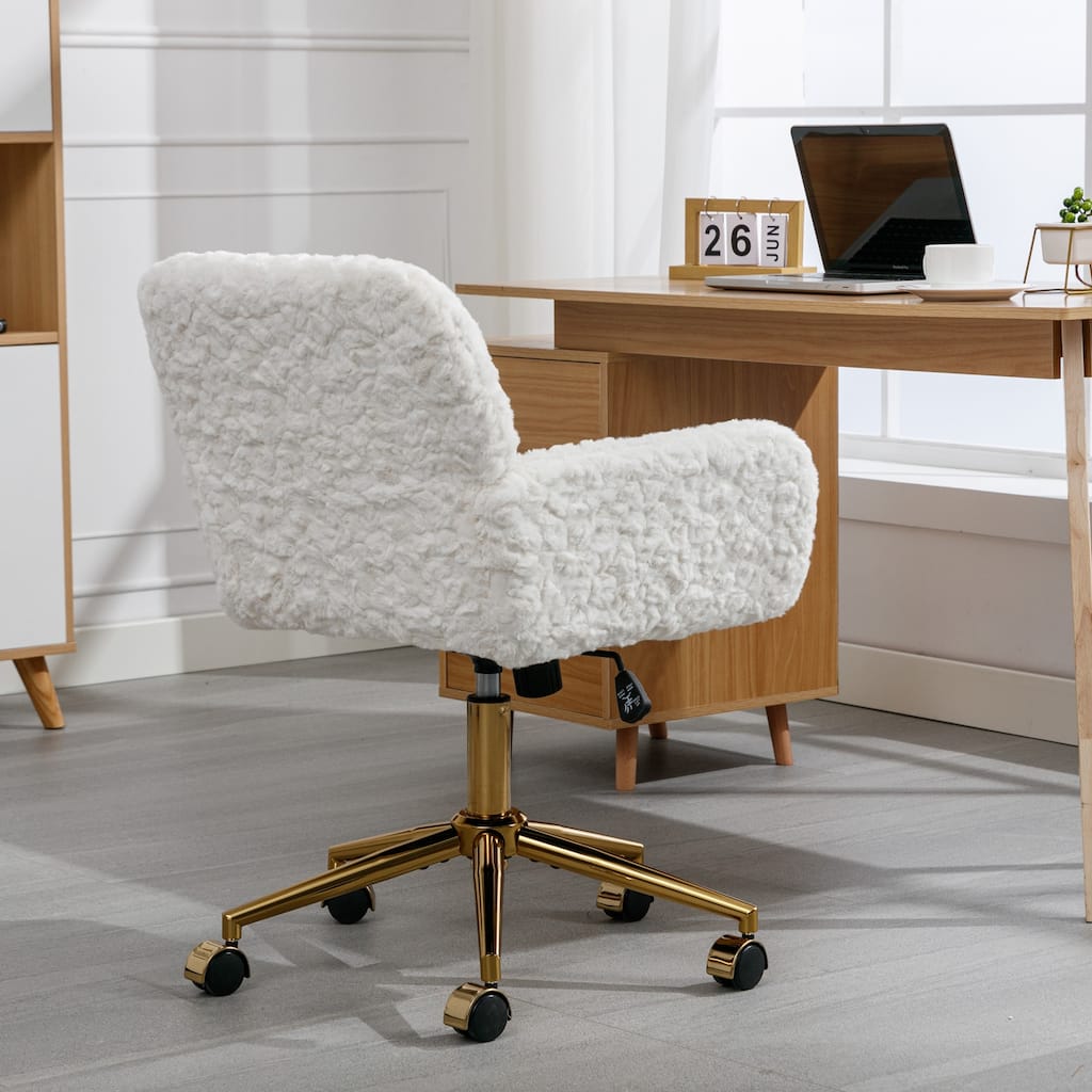 Featured Upholstered Study Chair Beige Office Chair, Armchair Home Computer Chair Swivel Chair with Casters