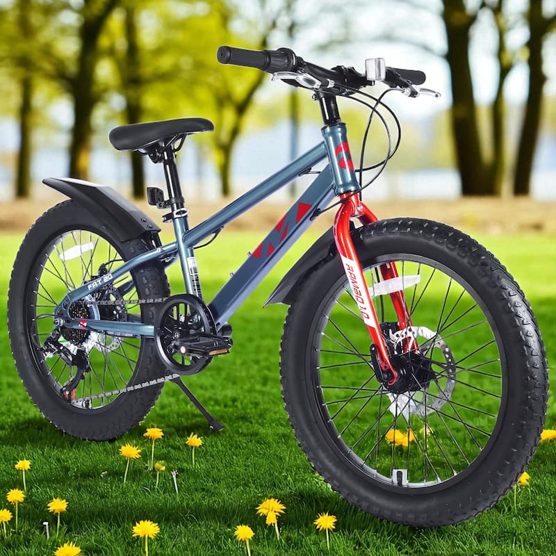 20 Inch Kids Fat Tire Mountain Bike, Boys & Girls 7-Speed Shimano with Dual Disc Brakes & Suspension Fork - Grey
