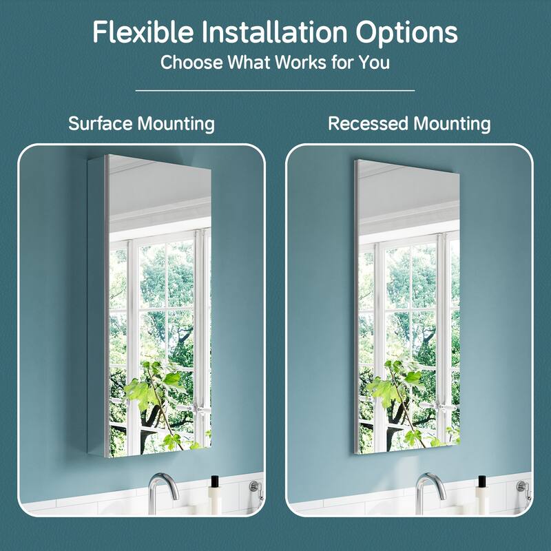 16x36" Tri-View Mirrored Medicine Cabinet with Soft-Close Blum Hinges, Reversible Door, Recessed/Surface Mount, Aluminum Body