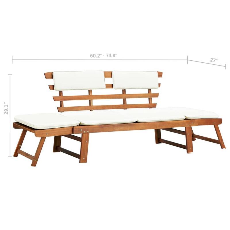 Outdoor Bench, Folding 2 in 1 Style, White Cushions, Brown Acacia Wood