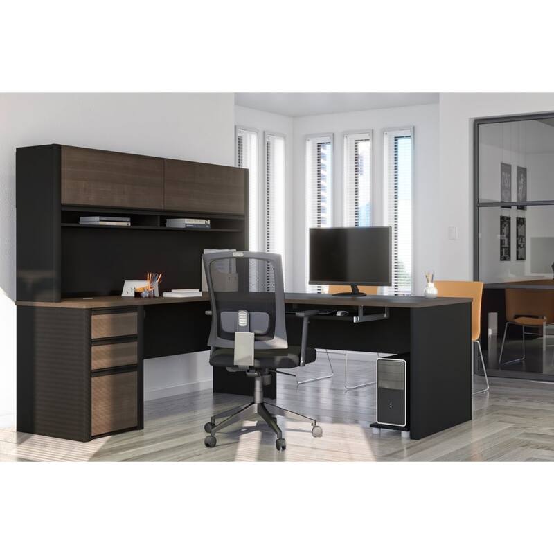 Bestar Connexion 72W L-Shaped Desk with Hutch and Pedestal - Antigua & Black