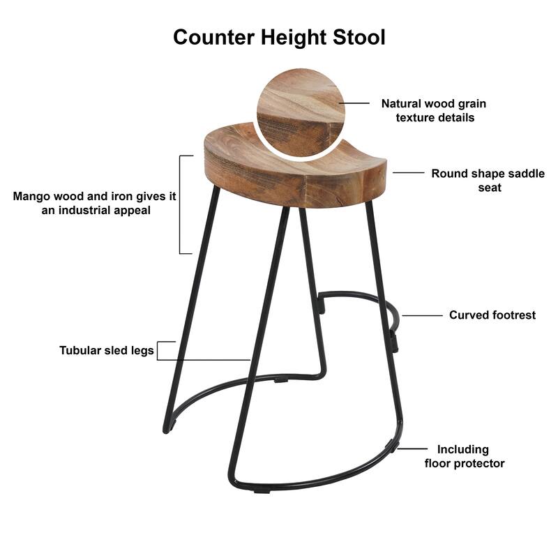 Ela 24 Inch Counter Height Stool, Mango Wood Saddle Seat, Iron Frame, Brown and Black