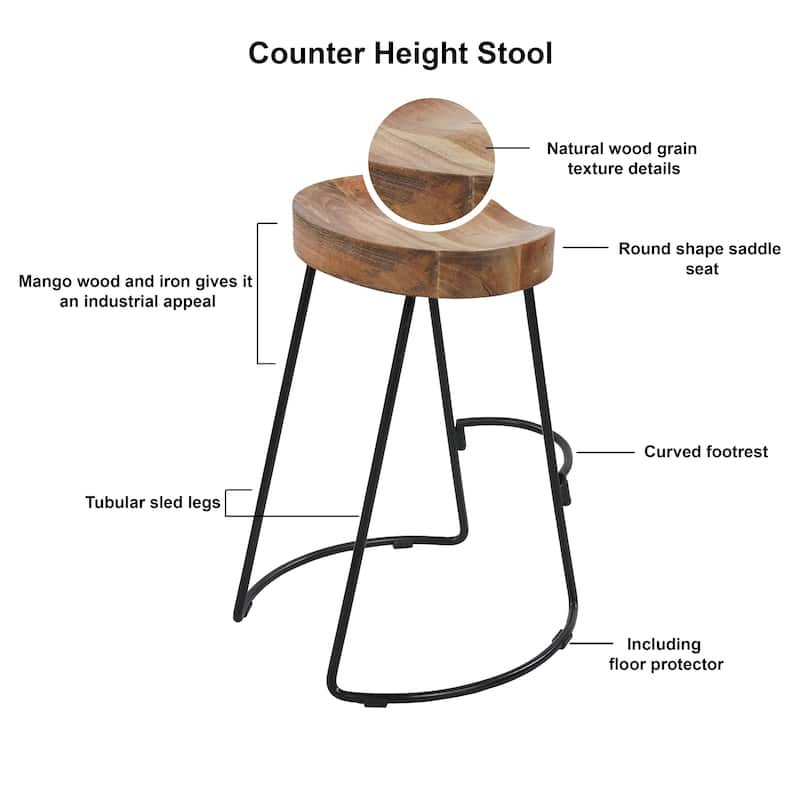 Ela 24 Inch Mango Wood Industrial Counter Height Stool, Saddle Seat, Iron, Set of 2, Brown, Black