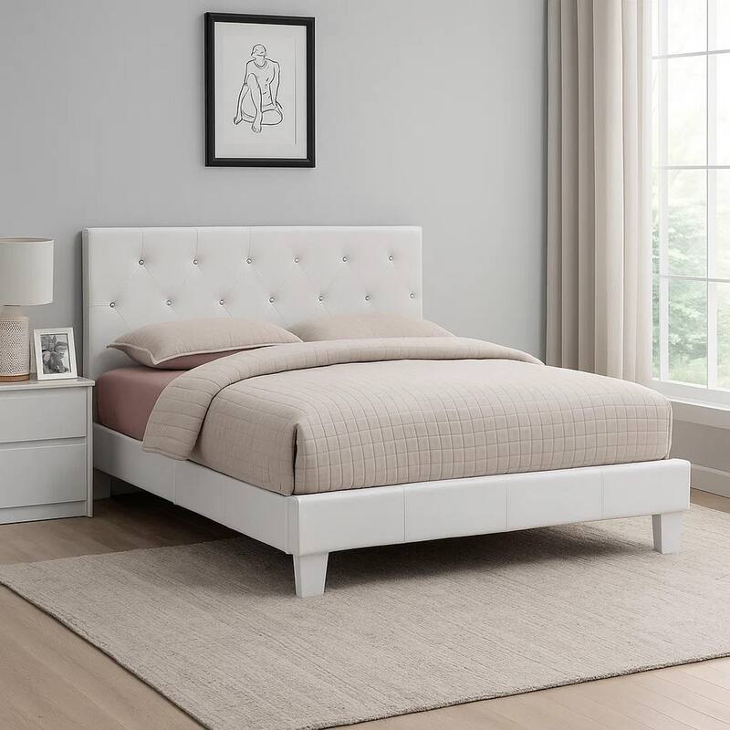 Legy Twin Size Bed, Button Tufted White Faux Leather Upholstery