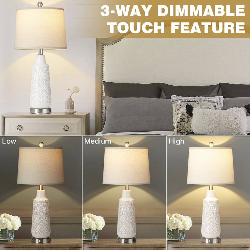 White Ceramic Table Lamps Ginkgo Leaf Texture with 3-Way Touch Dimming Switch (Set of 2) - 12.5'' x 12.5'' x 27'' (L x W x H)