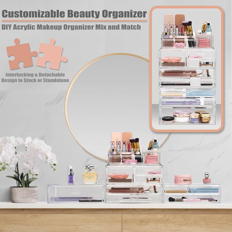 Sorbus Set of Acrylic Drawers with 15 Sectional Organizer 5 Drawers, Large - 11.75 L x 11.75 H x 6.75 W