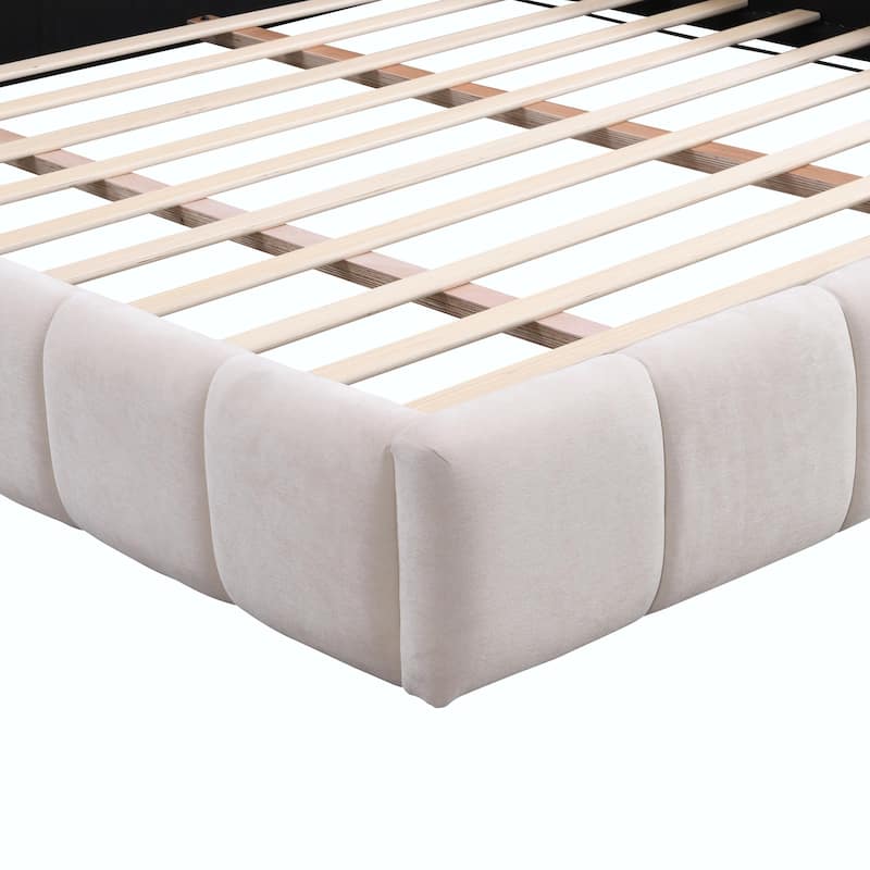 Elegant Beige Chenille Upholstered Bed with Checkerboard Pattern