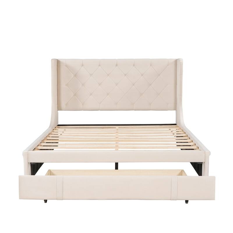 Queen Bed Frame with Storage Drawer, Velvet Upholstered Storage Bed with Button Tufted Headboard