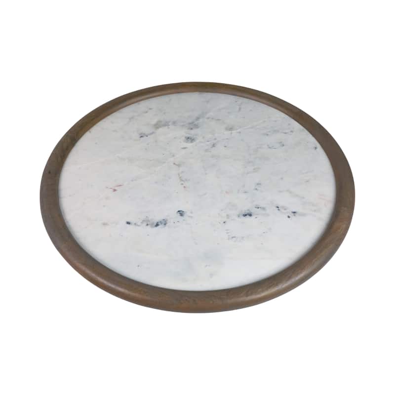 Mango Wood Marble Accent Table Round Drum Base Sculptural Design
