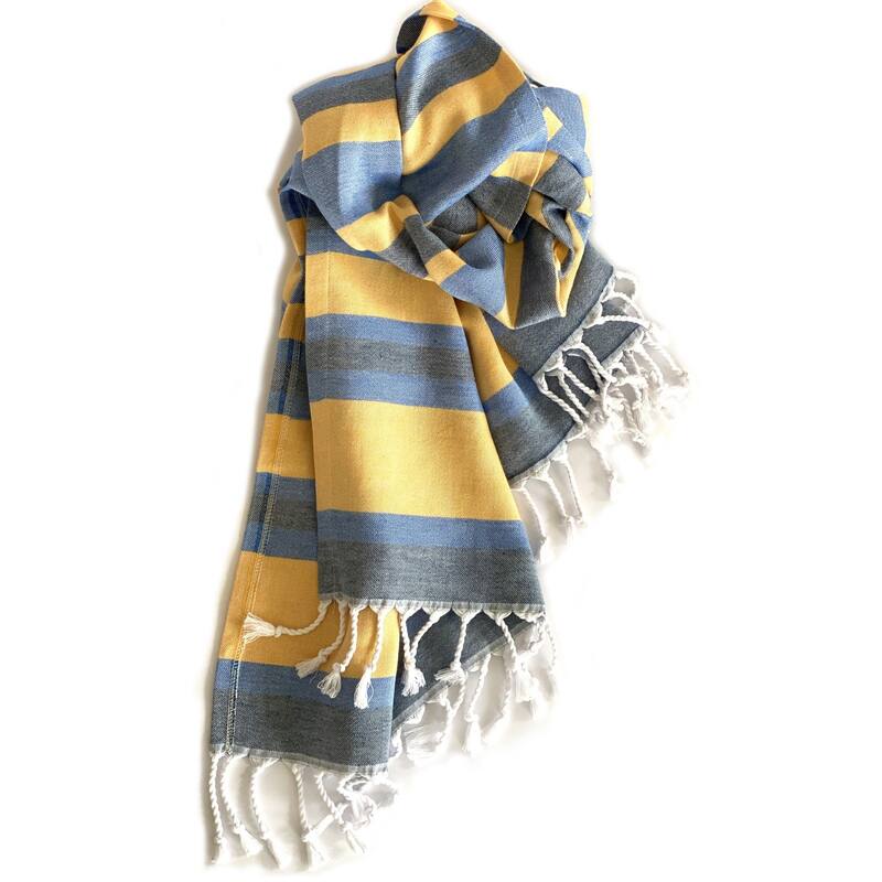 HomeRoots Denim and Yellow Striped Design Turkish Beach Blanket