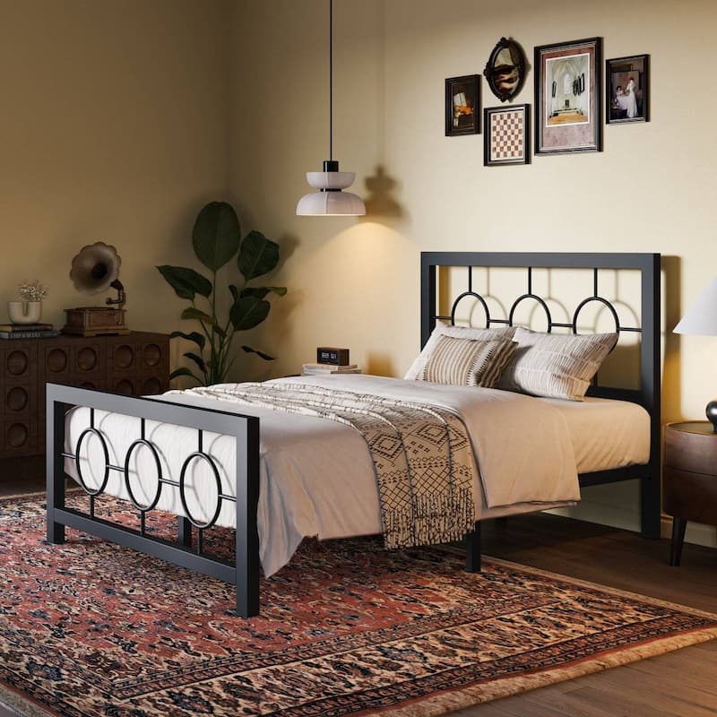 Twin Size Metal Platform Bed Frame with Headboard and Footboard Modern Art Deco Style No Box Spring Needed