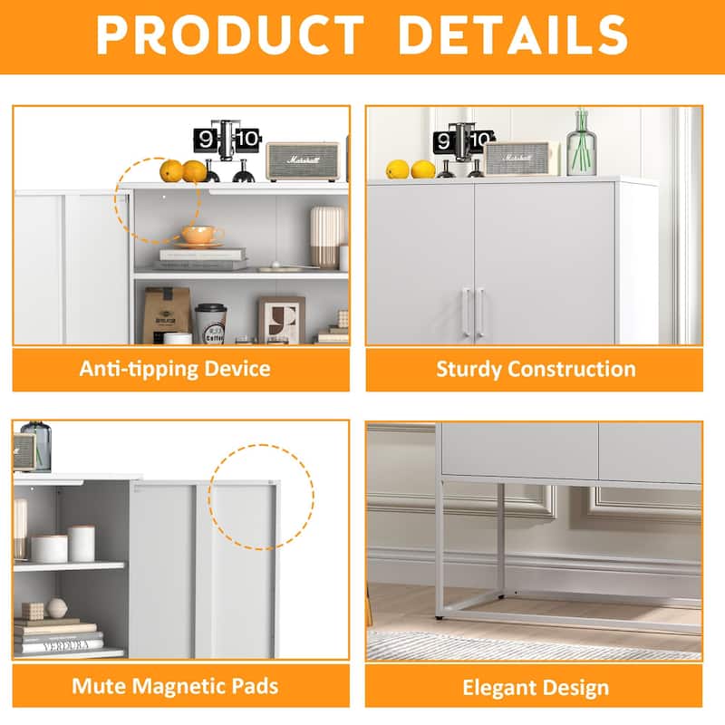Heavy Duty Metal Buffet Sideboard Modern Steel Storage Cabinet with 2 Shelves, Free Standing Accent Cabinet with Magnetic Doors