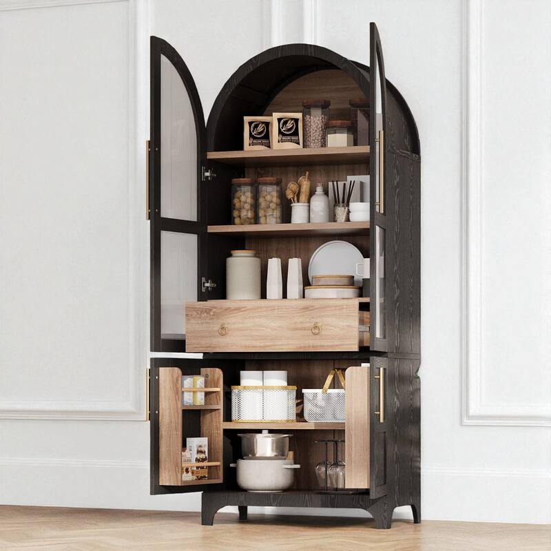 71" Tall Arched Kitchen Pantry Cabinet with Glass Door, Adjustable Shelves, Hidden Drawer & Door Storage for Kitchen