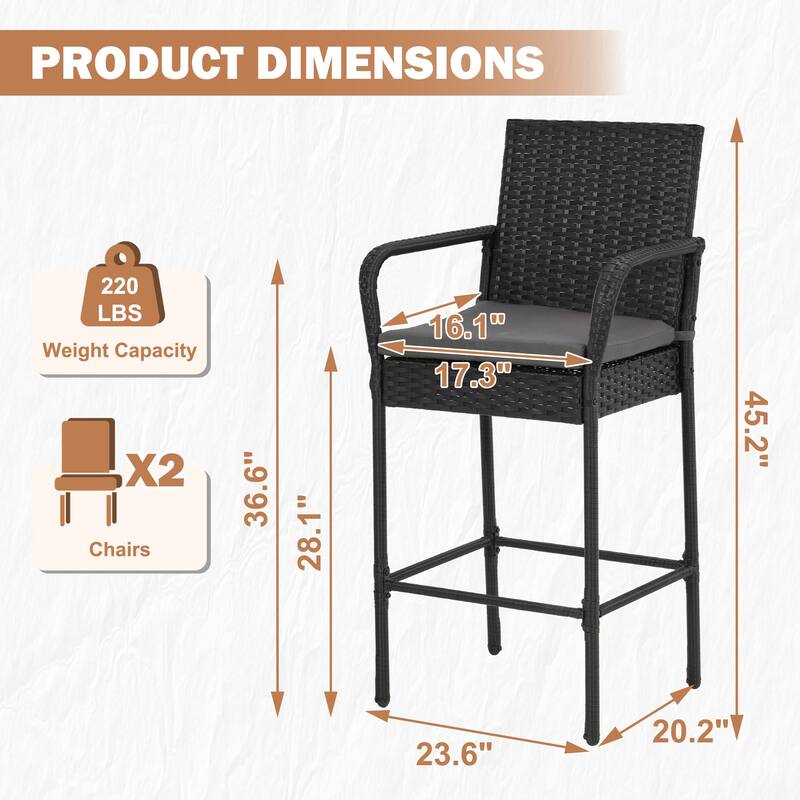 AVAWING All-Weather Wicker Bar Stools - Cushioned, Ergonomic, for Patio & Poolside - Black/Brown/Grey