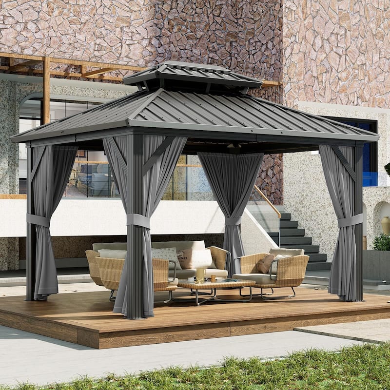 10X10FT,10X12FT,10X13FT,12X14FT,12X20FT Outdoor Galvanised Steel Hardtop Gazebo - Grey_10'*12' - Grey_10'*12'