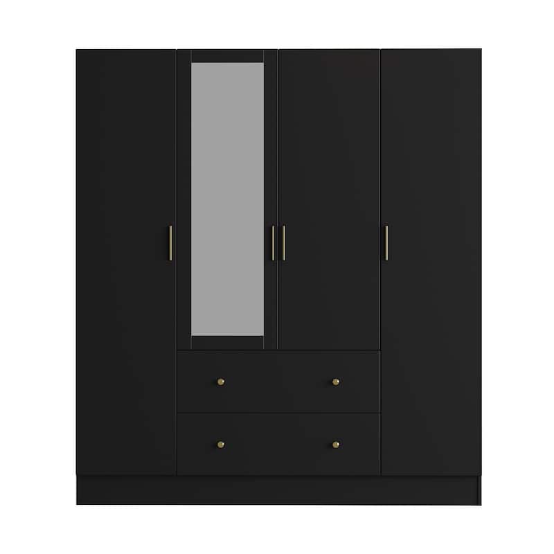 Wardrobe Armoire Wooden Closet with Mirror Storage Cubes Hanging Rod