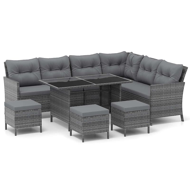 Gymax Set of 7 Dining Furniture Set PE Rattan Sectional Sofa Set Patio