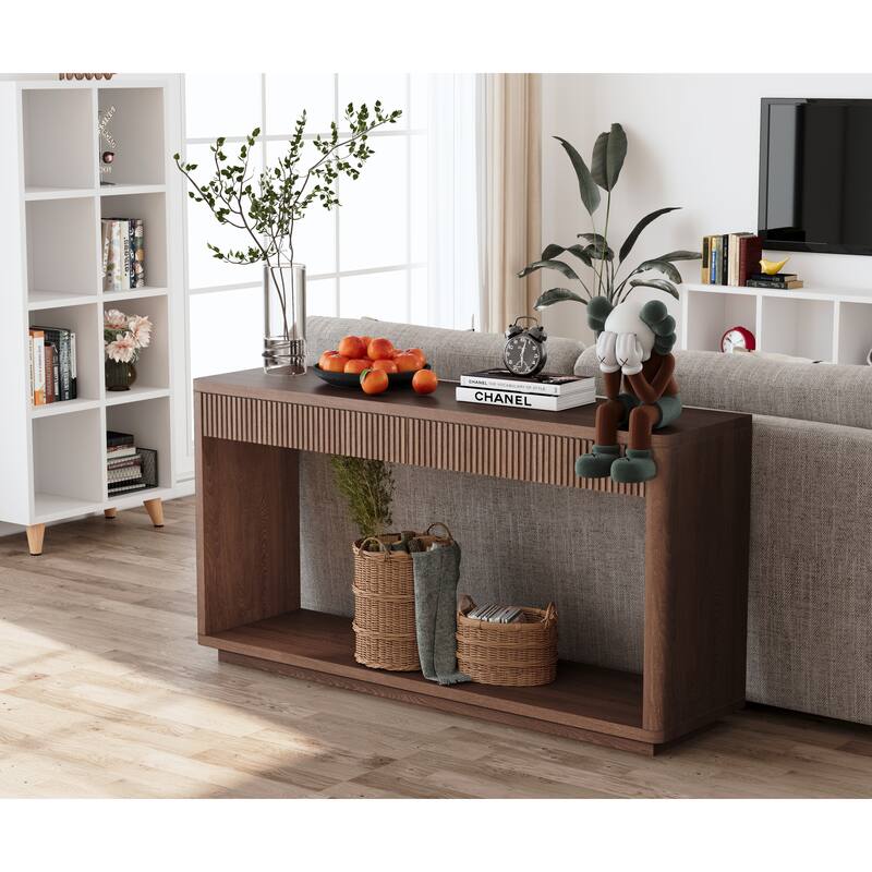 60" Modern 2-Drawer Fluted Natural Wood Veneer Console Table