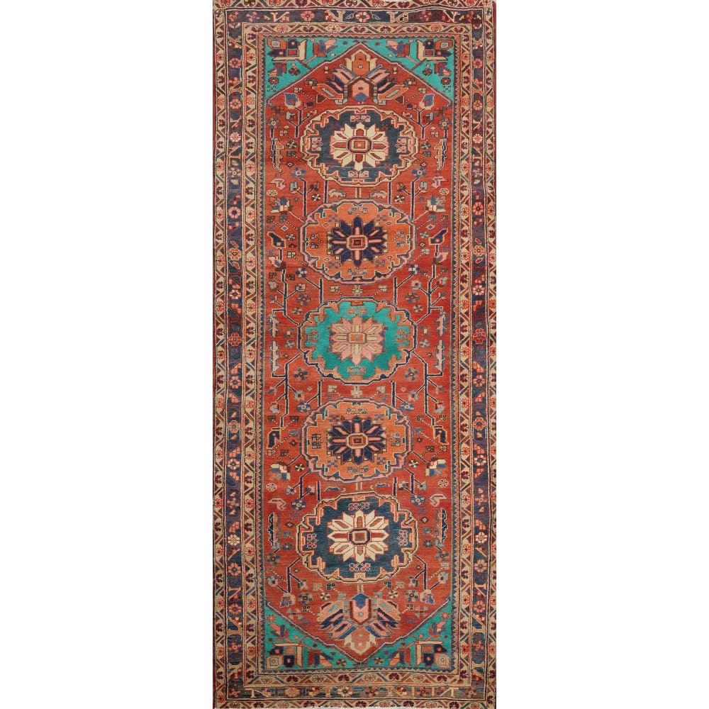 Hand Knotted Oriental 100% Wool Carpet Traditional Floral Oranges & Rust Heriz Runner Rug - 10' 2'' X 3' 10''