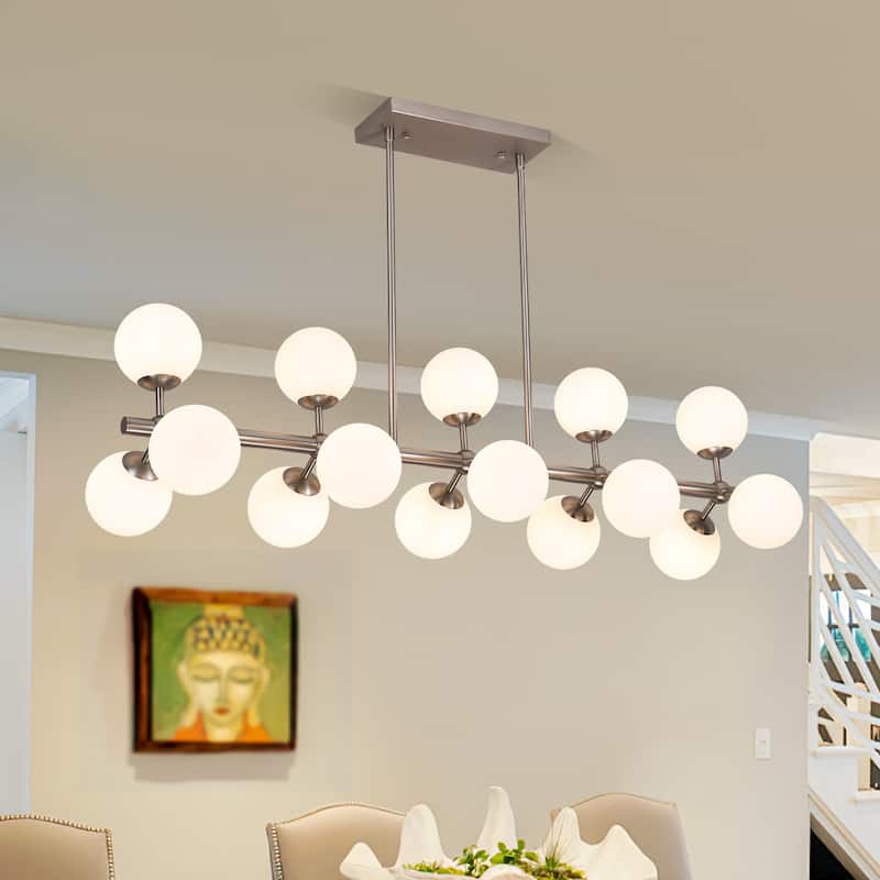 44in W Linear Mid Century Modern Chandelier 15 Light Gold Brass Sputnik Pendant Light with Frosted Glass Globe for Dining Room - Brushed Nickel