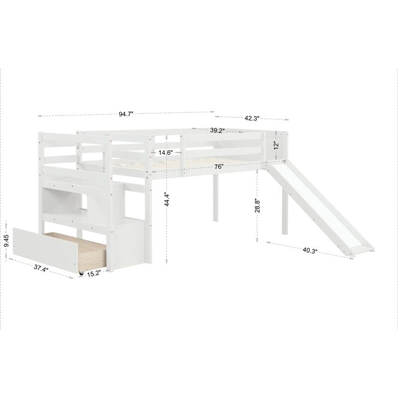 Twin Pine Wood Low Loft Bed with Stairs and Slide, Strong Support