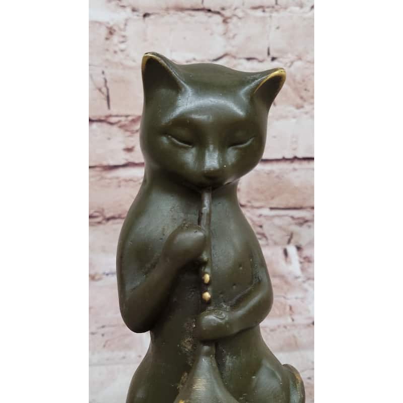 Whimsical Imitative Cat Playing Clarinet Bronze Sculpture On Marble Base