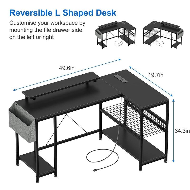 L Shaped Computer Desk with Power Outlets & LED Light, 49.6" Reversible Corner Computer Desk