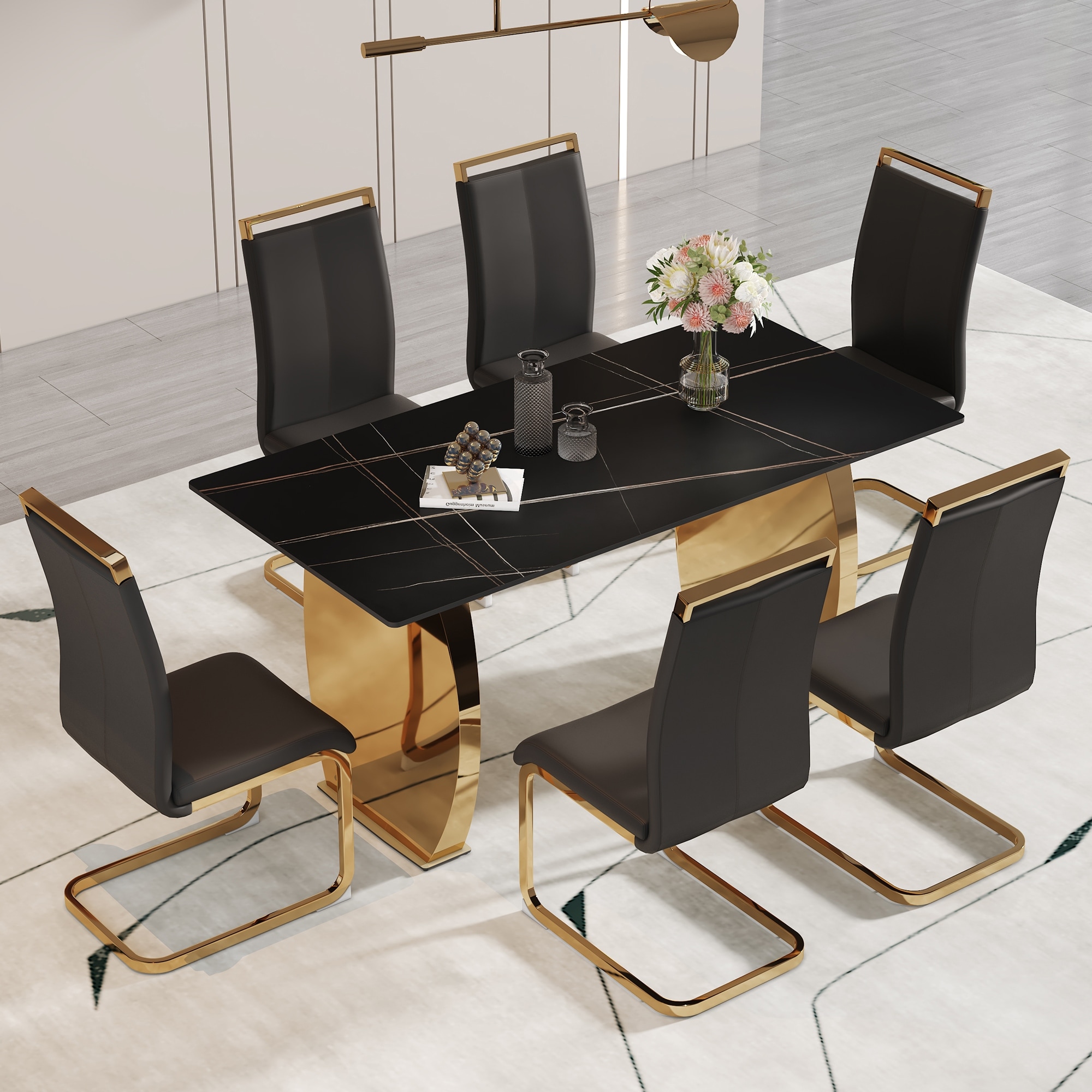 Modern Dining Set with Sintered Stone Table & PU High Back Chairs