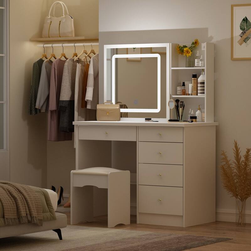 39.4'' Make up Vanity Set with Stool Mirror Hidden Storage Touch Light