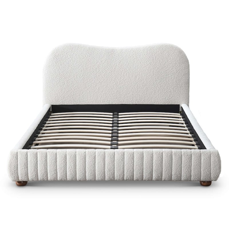 Cream Upholstered Low Profile Queen Size Platform Bed with Boucle Fabric