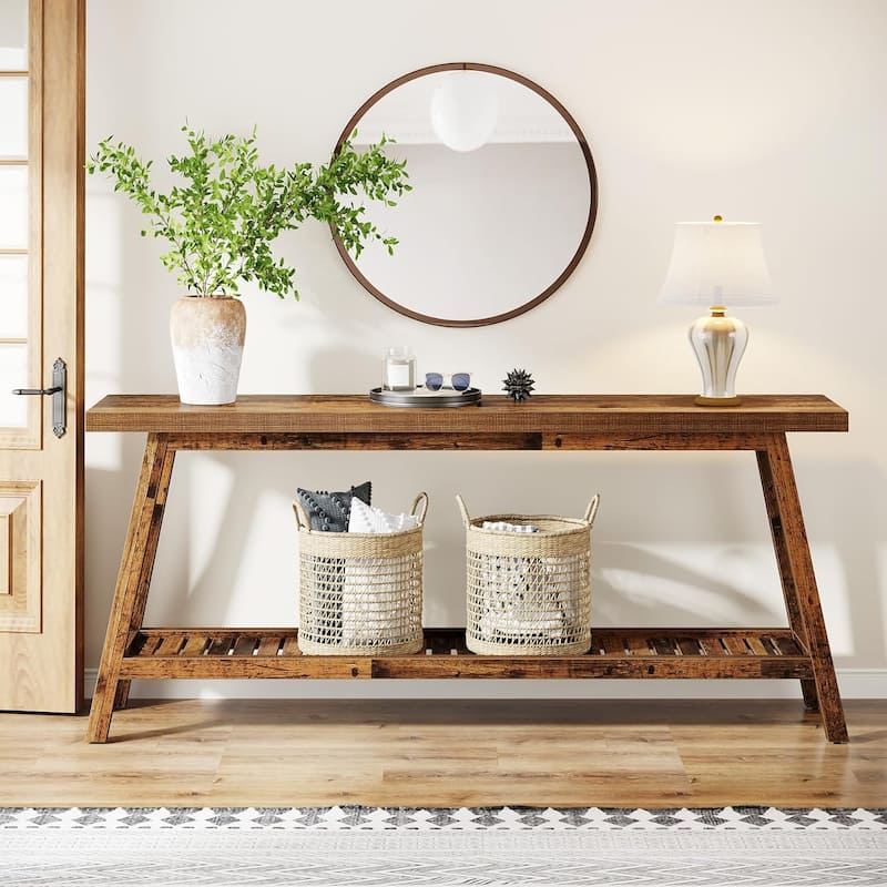 Farmhouse Console Entryway Table: 70.9 Inches Extra Long Console Table for Entryway, 2-Tier Narrow Wood Foyer Sofa Couch Table